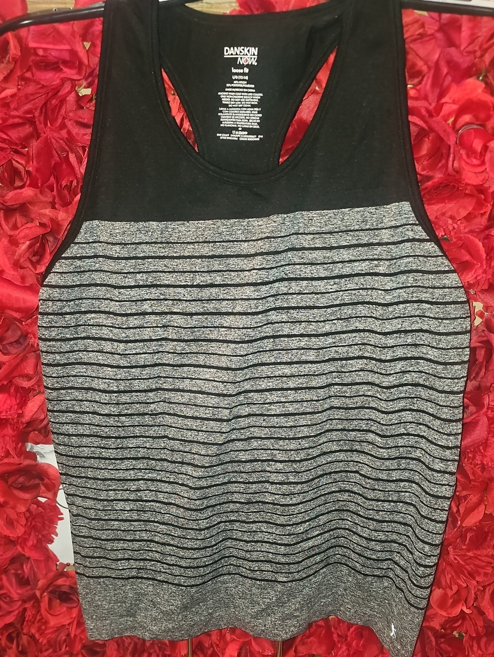 Danskin Now Black and Gray Striped Loose Fit Racerback Tank Size Large